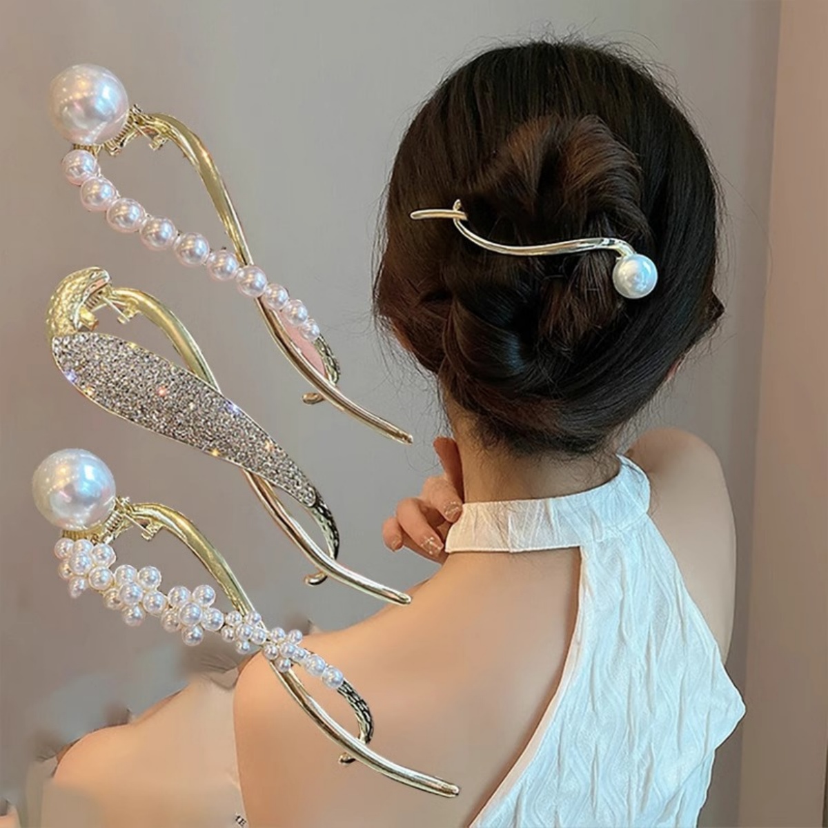 Korean Women Lifestyle - Elegante Glitzer-Perlen-Haarspange für Frauen, trendige gedrehte